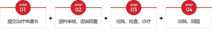 提交治疗申请书>资料审核、咨询回复>住院、检查、诊疗>出院、回国